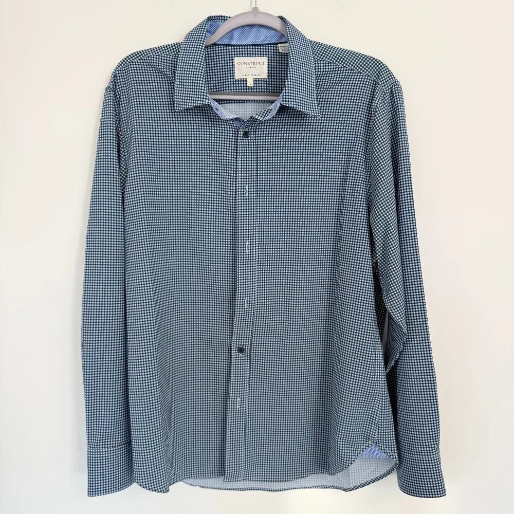 👔 **CON.STRUCT Slim Fit 4-Way Stretch Dress Shirt – Blue Micro Check – Size Lar